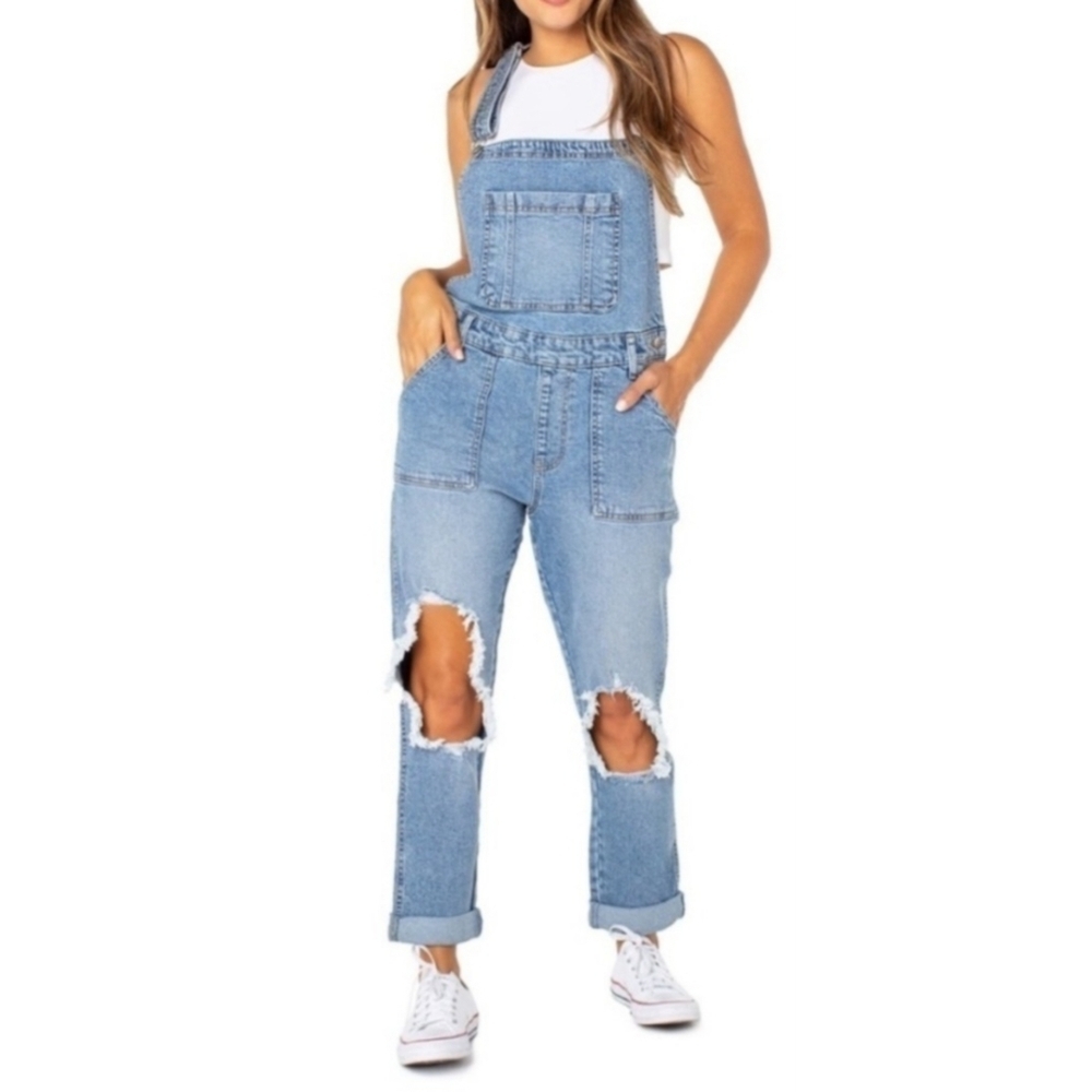 Celebrity Pink Light Wash Distressed Overalls